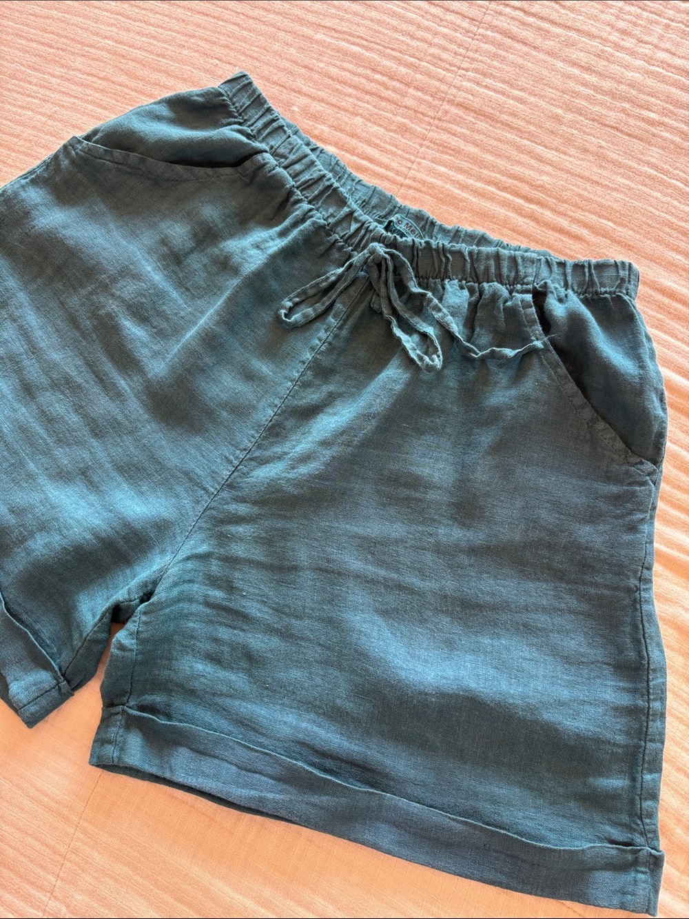 Meo Meli Women’s Teal Elastic-Waist Linen Shorts OS